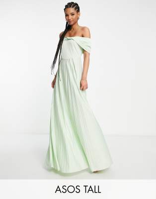 ASOS DESIGN Tall twist front off-the-shoulder pleated maxi dress in sage - LGREEN