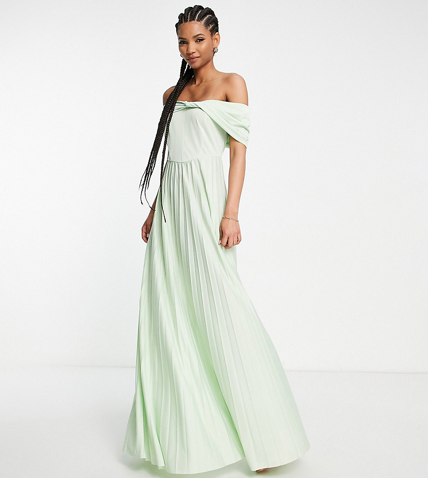 ASOS DESIGN Tall twist front off-the-shoulder pleated maxi dress in sage - LGREEN