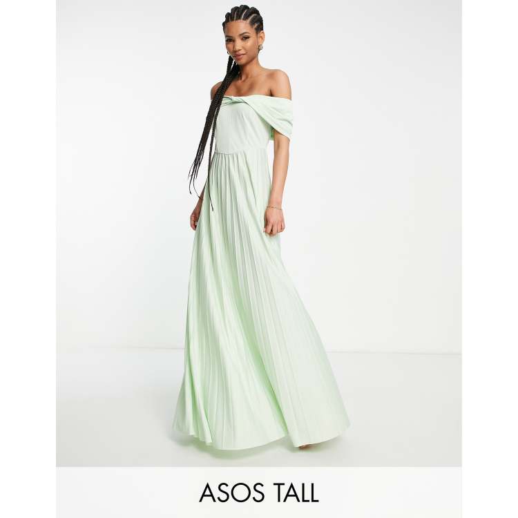 ASOS DESIGN Tall twist front off-the-shoulder pleated maxi dress in sage -  LGREEN