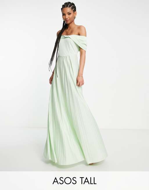 ASOS DESIGN Tall twist front off the shoulder pleated maxi dress in sage LGREEN