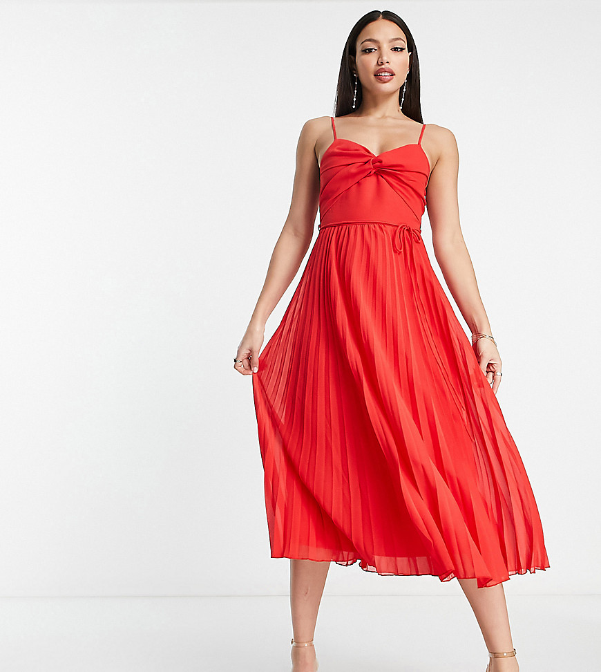 ASOS DESIGN Tall twist front pleated cami midi dress with belt in red