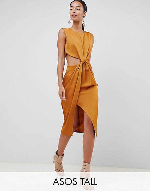 ASOS DESIGN Tall twist front sexy satin pencil dress with cut out