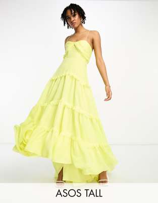 ASOS DESIGN Tall twist front tiered babydoll voile maxi dress with ruffles and hi/low hem in yellow