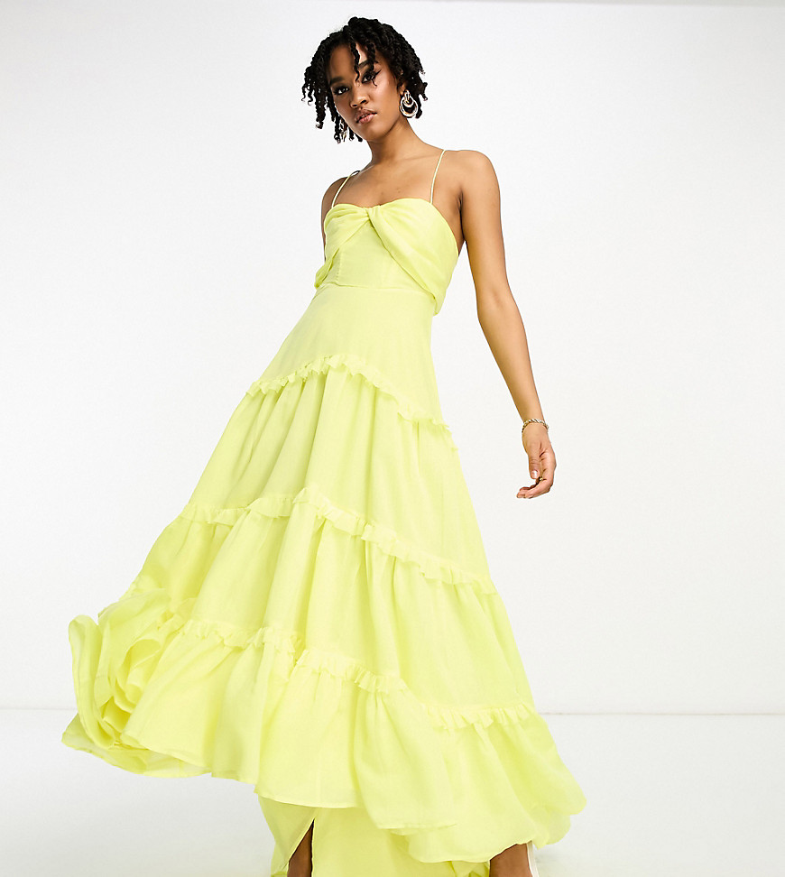 ASOS DESIGN Tall twist front tiered babydoll voile maxi dress with ruffles and hi/low hem in yellow