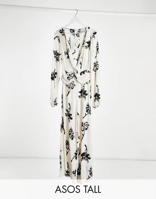 ASOS DESIGN tall twist front wide leg jumpsuit in cream floral print