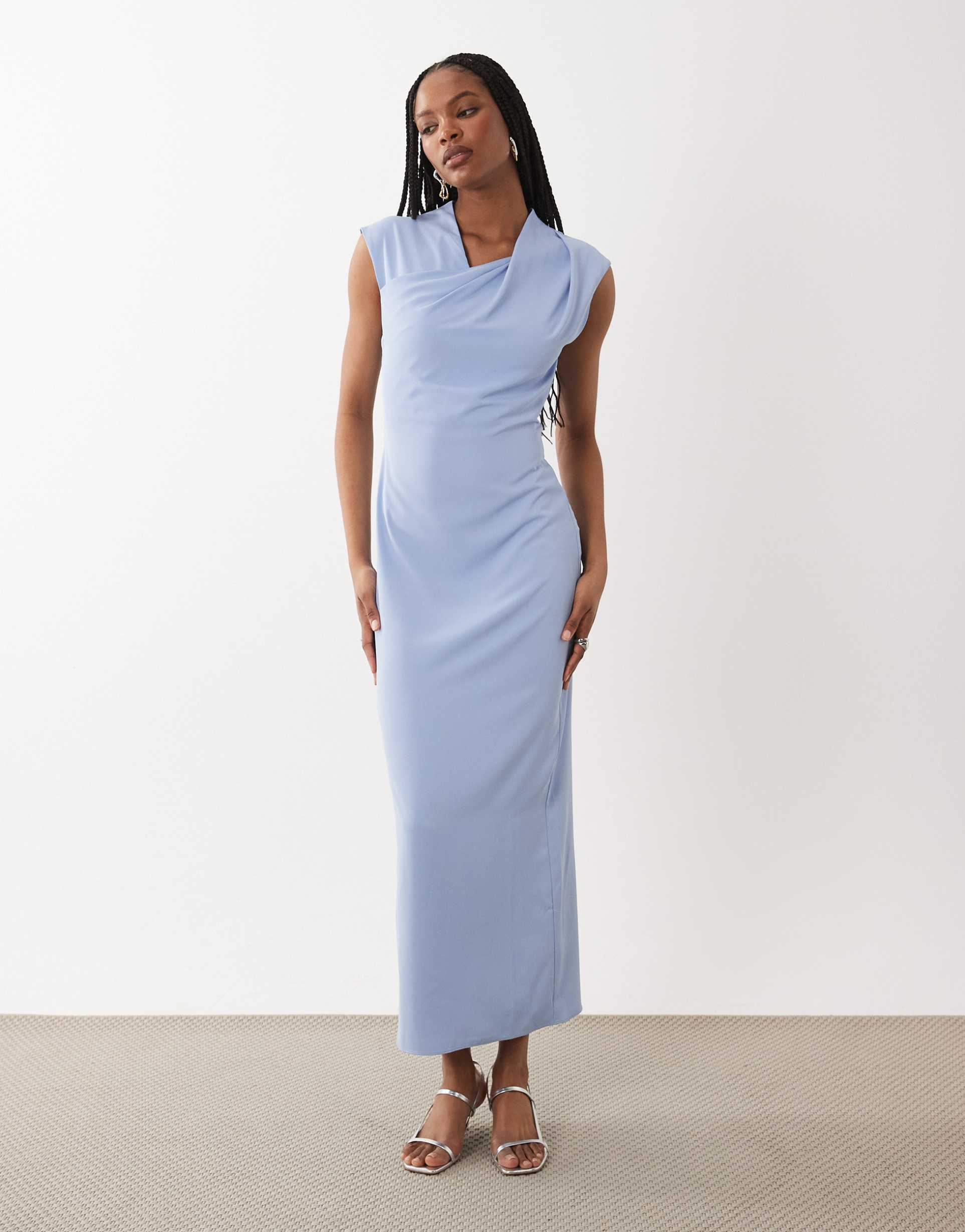 asos design tall twist neck slinky midi dress in light blue