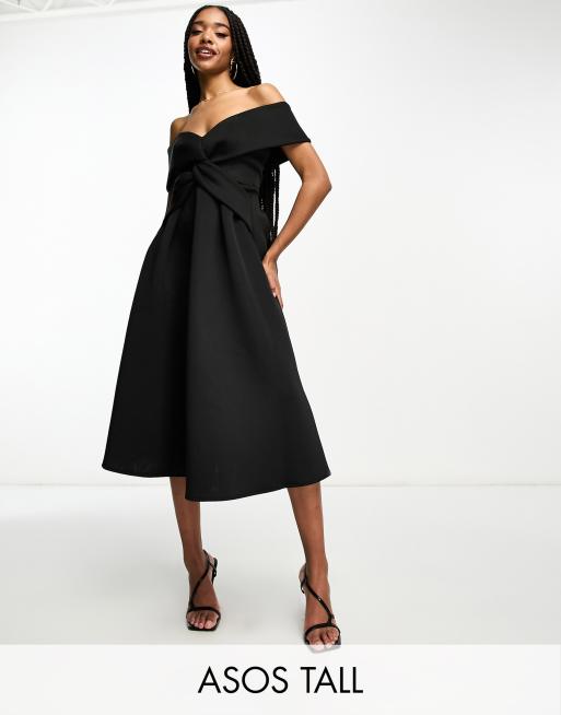 ASOS DESIGN Tall twist off the shoulder prom skater midi dress in black