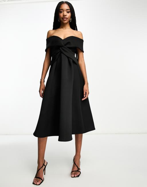 ASOS DESIGN Tall twist off the shoulder prom skater midi dress in black