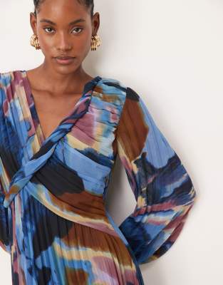 ASOS Design Tall Twisted Detail Wrap Front Pleated Midi Dress in Abstract NAVY-MULTI