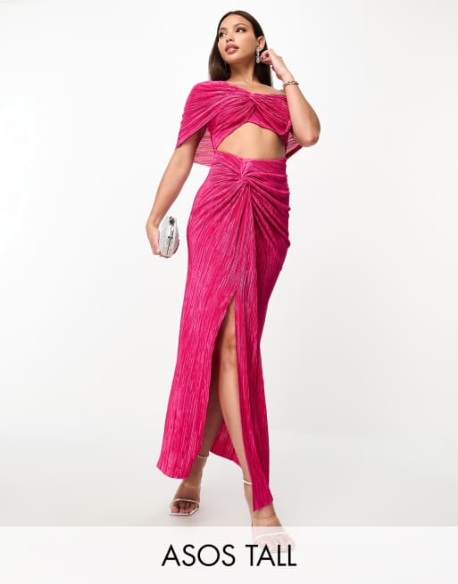 ASOS DESIGN Tall two in one fallen shoulder plisse maxi dress in hot pink