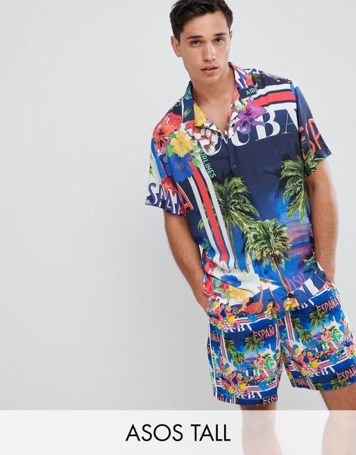 ASOS DESIGN Tall two piece relaxed tropical postcard print shirt with revere collar