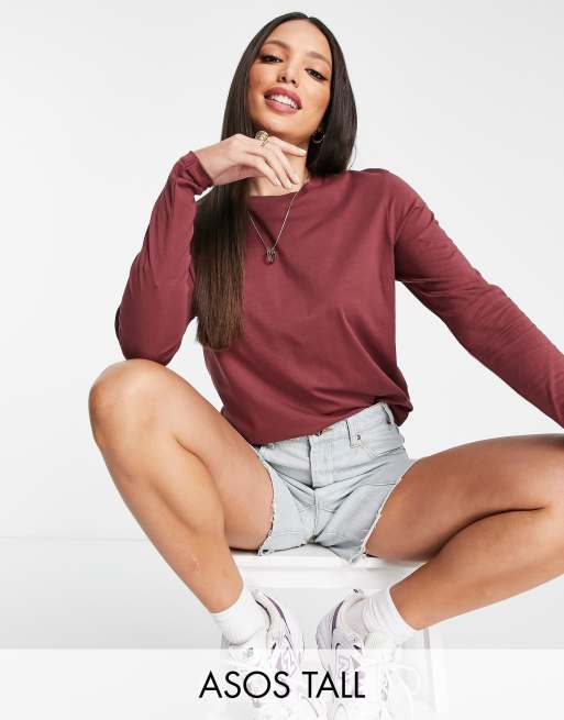 ASOS DESIGN Tall Ultimate Langarmliges Shirt aus Baumwollmix in Burgunderrot BURGUNDY