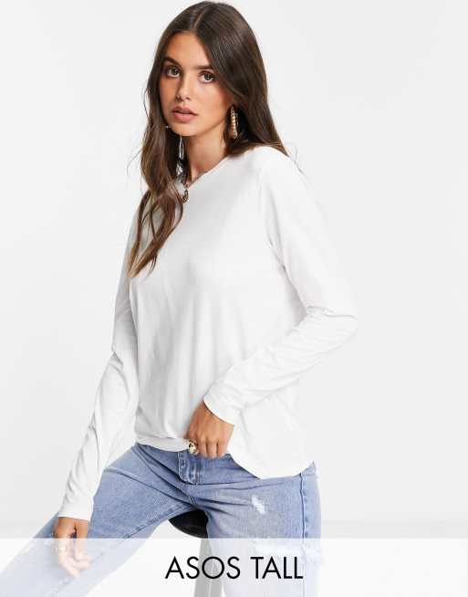 ASOS DESIGN Tall – Ultimate – Langärmliges Shirt aus Baumwollmix in Weiß - WHITE