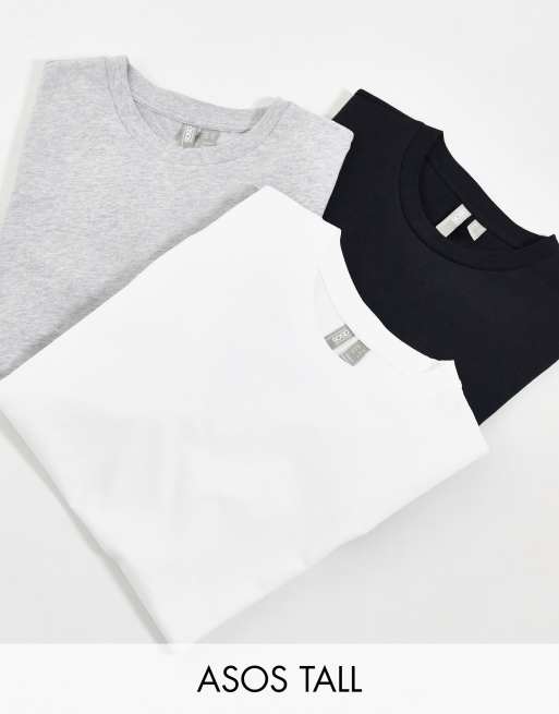 ASOS DESIGN Tall - Ultimate - Set van 3 T-shirts van katoen met ronde hals in zwart, wit en gemêleerd grijs - BESPAAR - MULTI