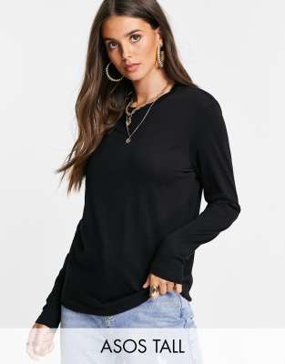 ASOS TALL ASOS DESIGN TALL ULTIMATE T-SHIRT WITH LONG SLEEVE IN COTTON BLEND IN BLACK,21S3117