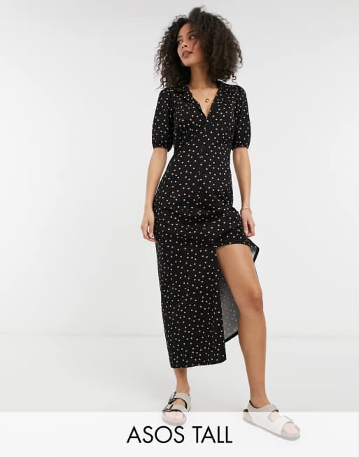 ASOS DESIGN Tall - Ultimativ midi-tea-kjole i sort og kamel-prikprint