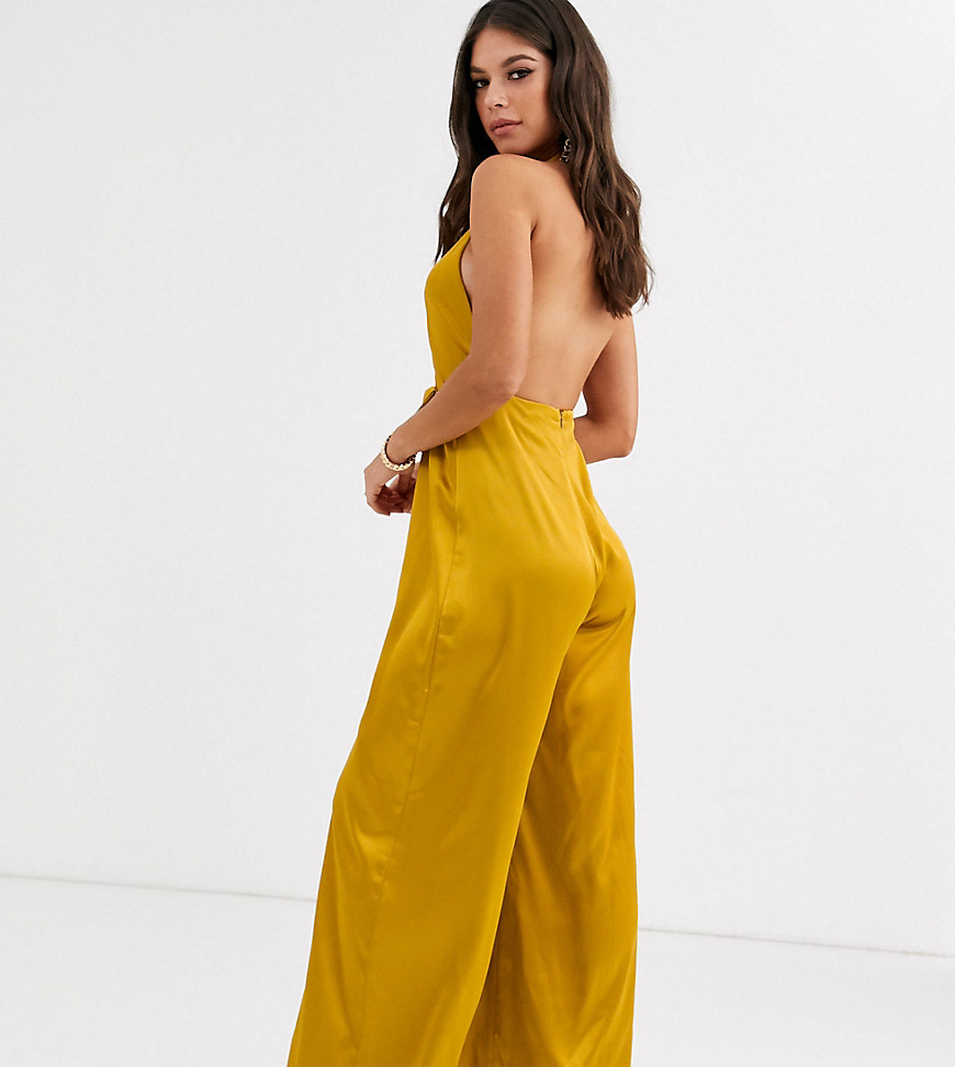ASOS DESIGN Tall ultra plunge jumpsuit with drape satin detail-Yellow