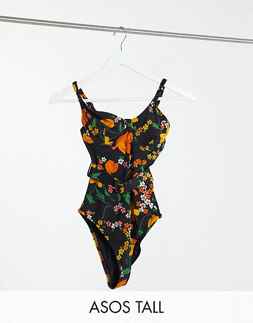 ASOS DESIGN tall underwired belted swimsuit in enchanted floral print