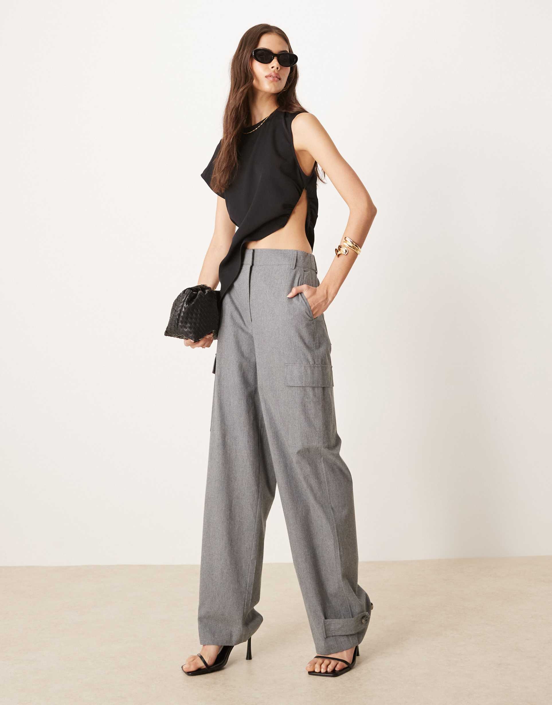 asos design tall utility pants with pocket detail in brushed flannel in gray heather