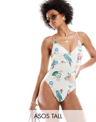 ASOS DESIGN Tall v-front swimsuit in postcard print-Multi