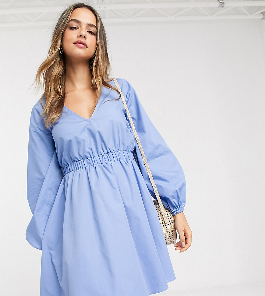 ASOS DESIGN Tall v neck cotton poplin elasticated waist mini dress in blue