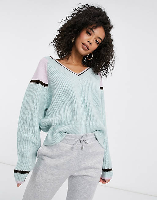 Jumpers & Cardigans Tall V neck jumper with colour block and tipping detail in green 