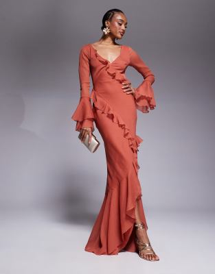 Asos Tall Asos Design Tall V Neck Long Sleeve Ruffle Maxi Dress With Cut Out Back In Red