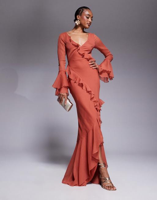 ASOS DESIGN Tall v neck long sleeve ruffle maxi dress with cut out back in rust