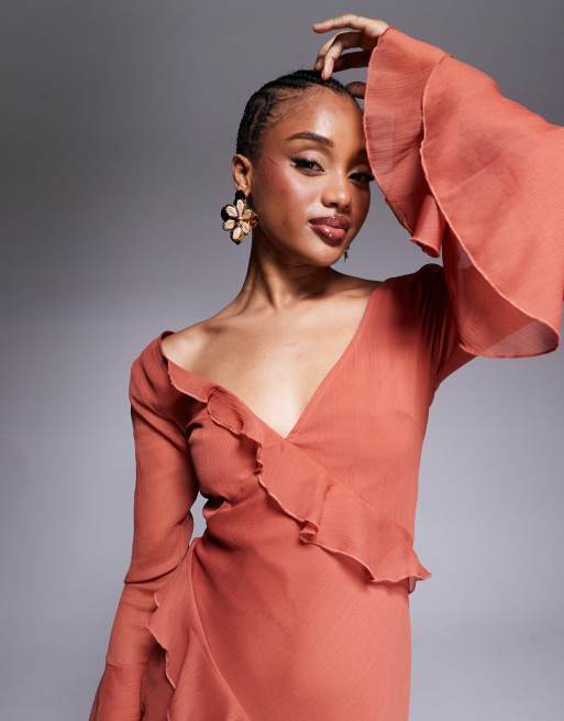 ASOS Design Tall V Neck Long Sleeve Ruffle Maxi Dress with Cut Out Back in rust-Red