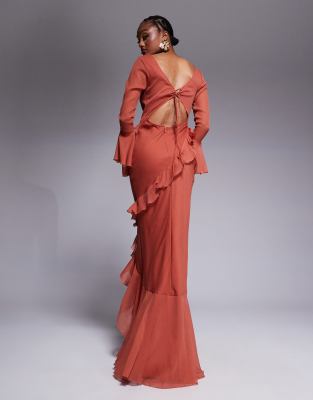 women's prom dresses long sleeve Red Long Sleeve Lace Prom Dress V-Neck With Slit