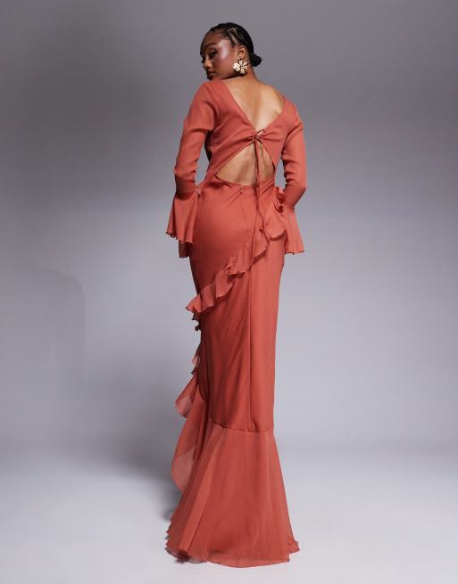 ASOS DESIGN Tall v neck long sleeve ruffle maxi dress with cut out back in rust