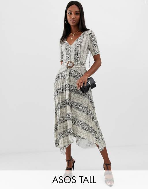 ASOS DESIGN Tall v neck midi dress with pleated skirt and belt in snake print