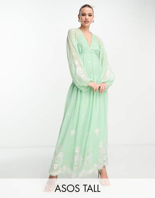 ASOS DESIGN Tall v neck open back embroidered maxi dress with trim detail in green