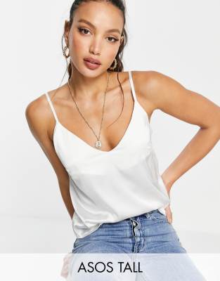 ASOS TALL ASOS DESIGN TALL V-NECK SATIN CAMI IN IVORY-WHITE,SATIN CAMI