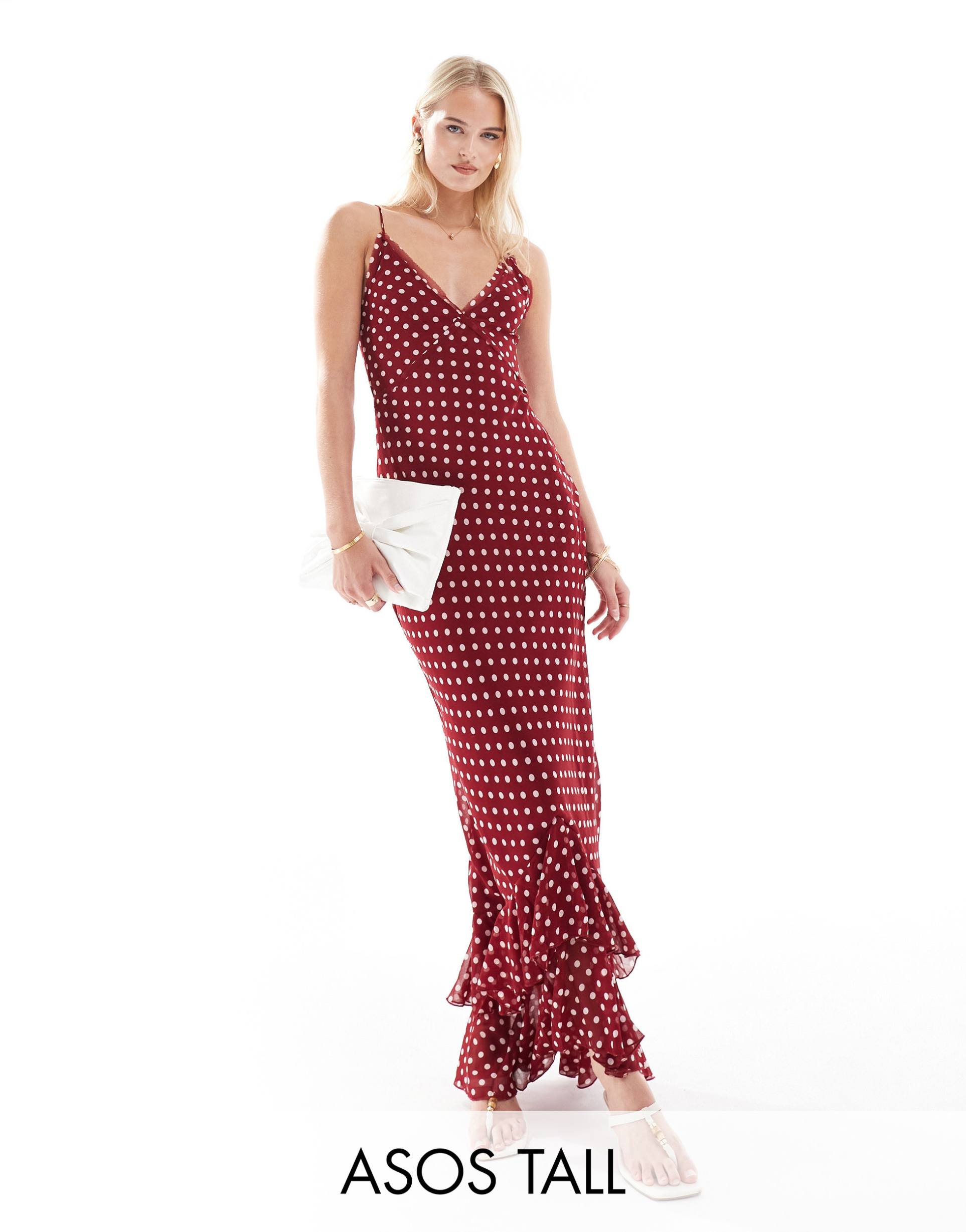 asos design tall v neck strappy cross back maxi dress with raw edge details in burgundy spot