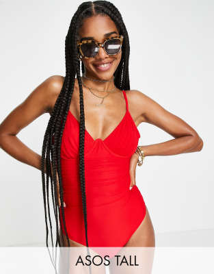 Asos Tall Asos Design Tall V Wire Swimsuit In Red