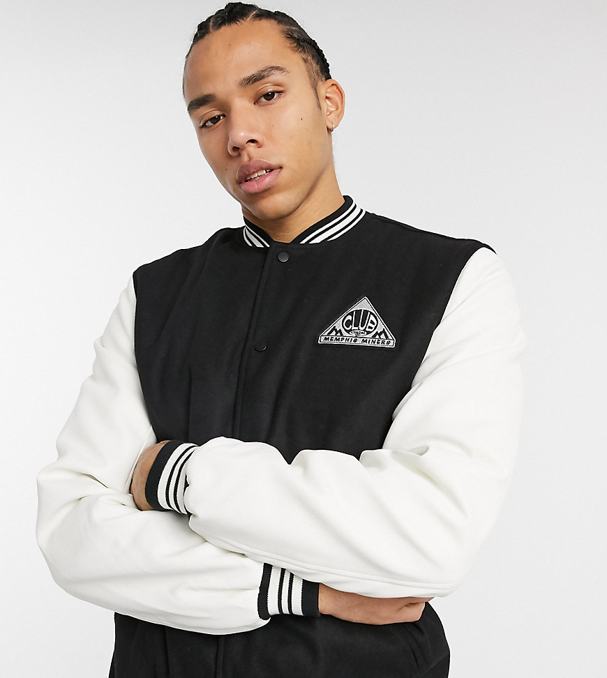 ASOS DESIGN Tall varsity bomber jacket with faux-leather sleeves in black and white