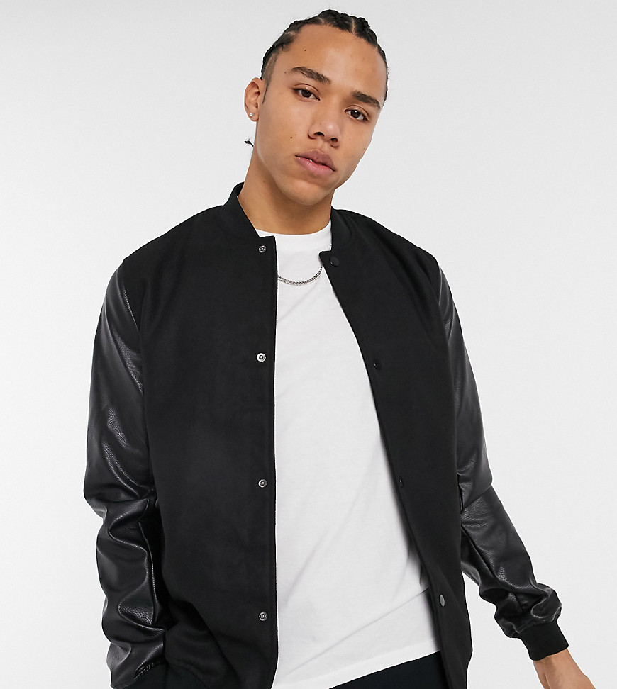 ASOS DESIGN Tall varsity jacket in black with faux-leather sleeves