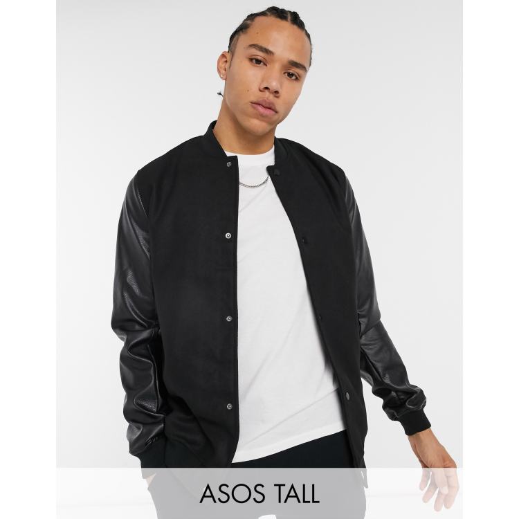 ASOS DESIGN oversized wool varsity jacket with real leather sleeves in black