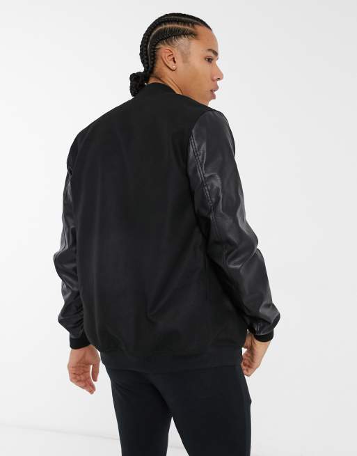 Tall Black Faux Leather Varsity Bomber Jacket