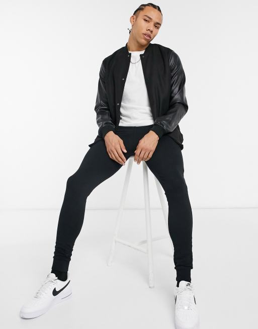 ASOS Wool Mix Varsity Jacket with Leather Sleeves in Black