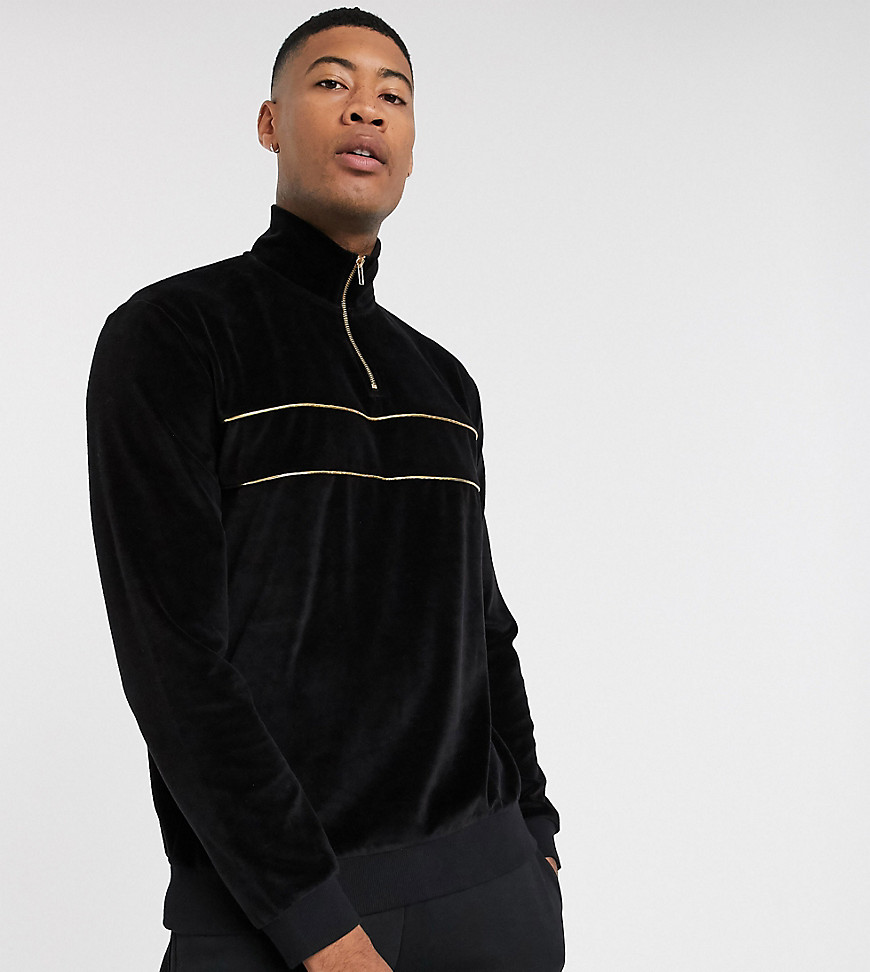 ASOS DESIGN Tall - Velours sweatshirt met korte rits in zwart met gouden accenten