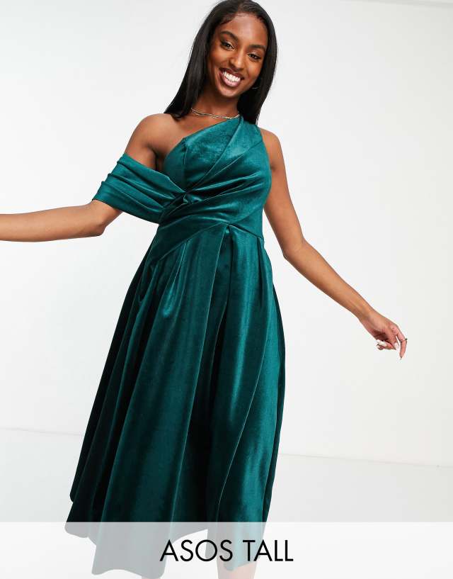 ASOS DESIGN Tall velvet bare shoulder prom midi dress in forest green