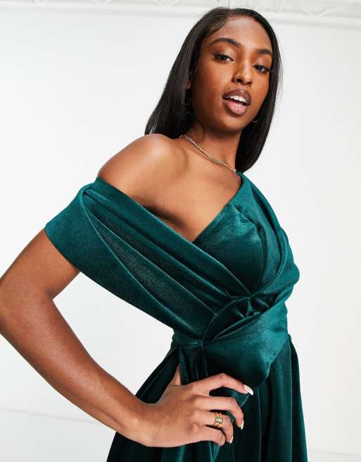 ASOS DESIGN Tall velvet bare shoulder prom midi dress in forest green