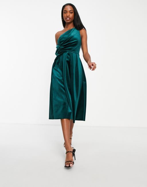 ASOS DESIGN Tall velvet bare shoulder prom midi dress in forest green