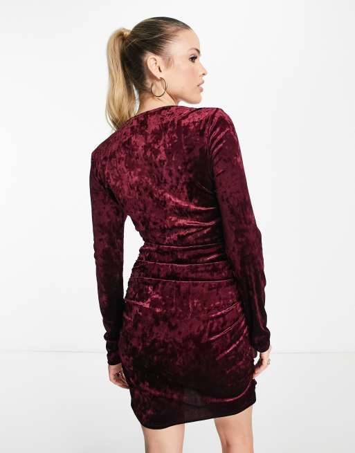 ASOS DESIGN Tall velvet cowl neck ruched mini dress in wine