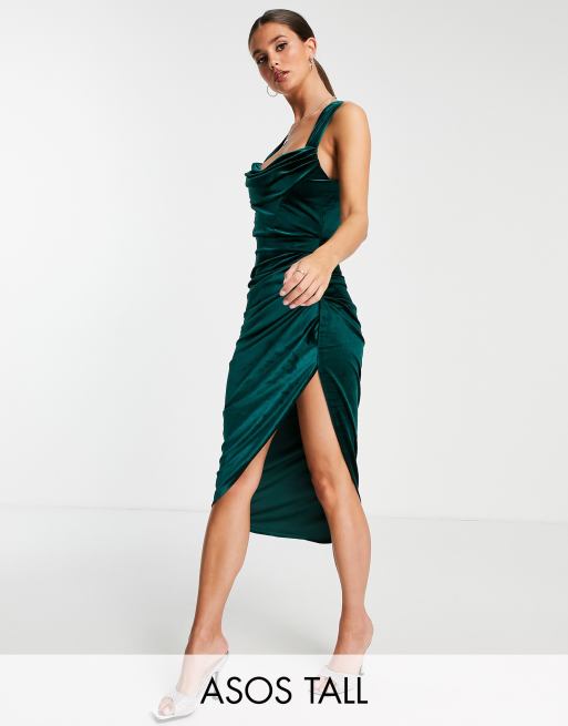 ASOS DESIGN Tall velvet drape corset midi dress in bottle green