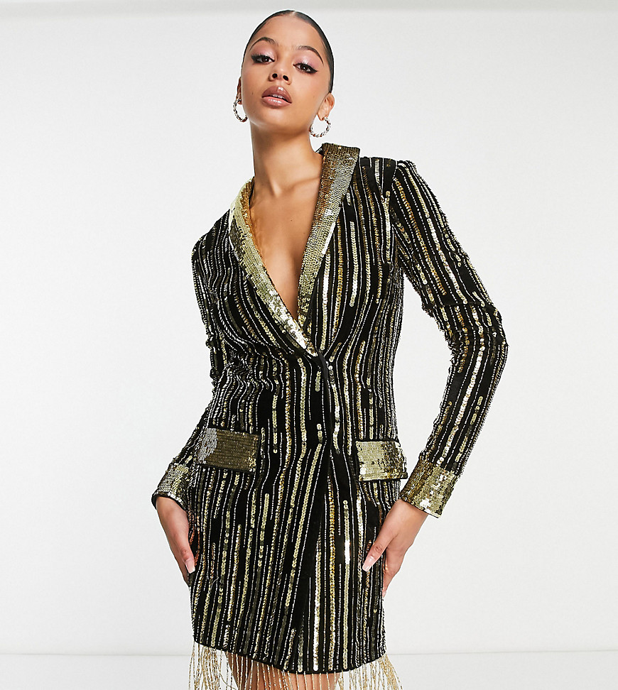ASOS DESIGN Tall velvet embellished mini blazer dress in black and gold sequin
