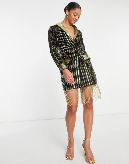 ASOS DESIGN Tall velvet embellished mini blazer dress in black and gold sequin