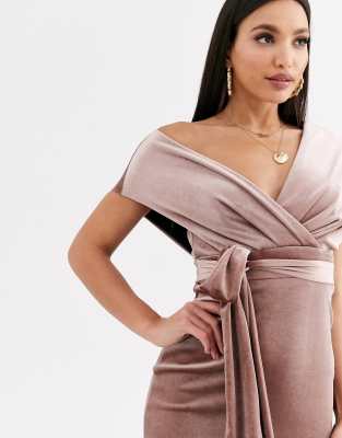 ASOS DESIGN Tall velvet fallen shoulder midi pencil dress with tie detail |  ASOS